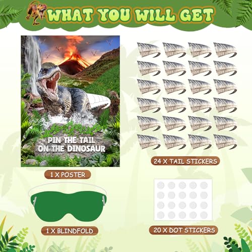 Faccito Pin Tail on Dinosaur Birthday Games Dinosaur Party Decorations Large Poster with 24 Tails Stickers Blindfold Pin Tail Games for Birthday Party Decorations Activities Supplies - style: Dinosaur