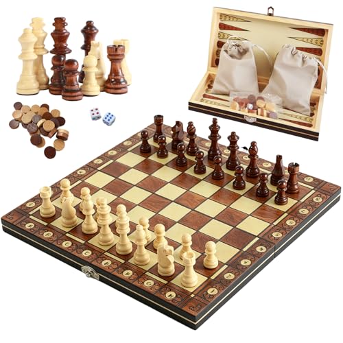 3-in-1 Chess Set Include Chess Checkers Backgammon 11 inch Wooden Board Game Set with Foldable Portable Case for Adults Travel Outdoor
