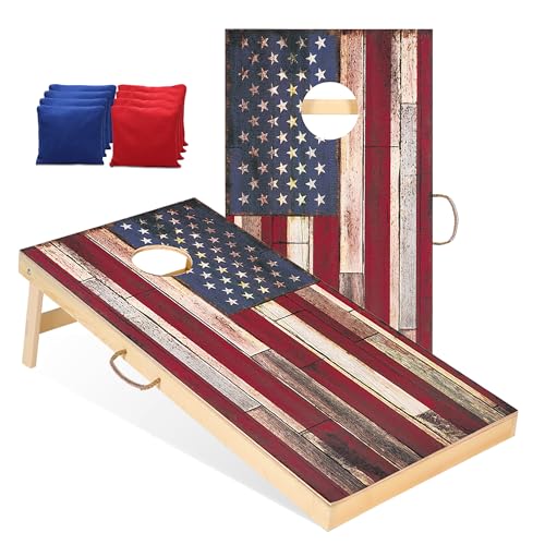 Sportdo 4x2 ft Solid Wood Cornhole Set with 8 Bean Bags, Regulation Size Cornhole Board Set for Adults, Cornhole Game Set for Tailgate Backyard Toss Games Indoor&Outdoor Activities - style: American Flag (Thicker Version)