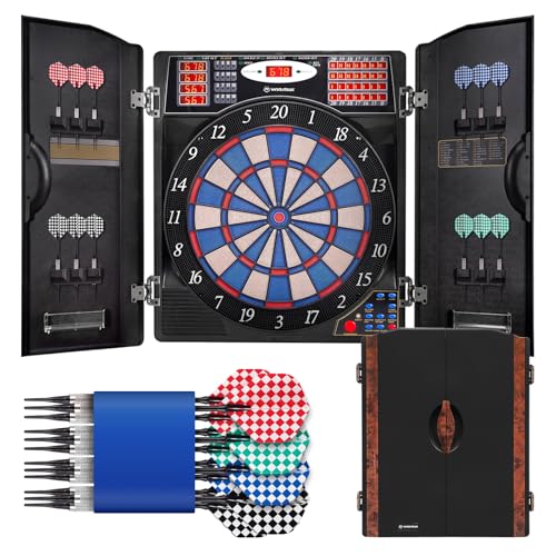 WIN.MAX Electronic Dart Board, Soft Tip Dartboard Cabinet Set for Adults, LED Scoring Dartboard with 38 Games & 211 Variants, Up to 16 Players, 12 Darts+40 Tips, Wall Mount for Bar Game Room Man Cave - style: Woodgrain