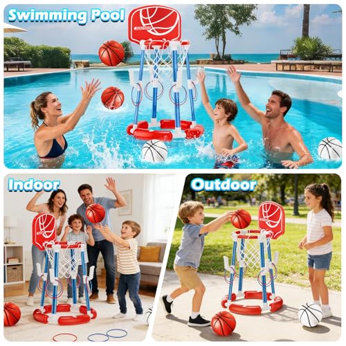 Pool Basketball Hoop with Backboard, Floating Pool Toys for 3-12 Years Old Kids Ring Game with 4 Balls 8 Rings & Pump Outdoor Swimming Pool Basketball Games Water Play Toy Family Party for Kids Adults - style: Red with Backboard