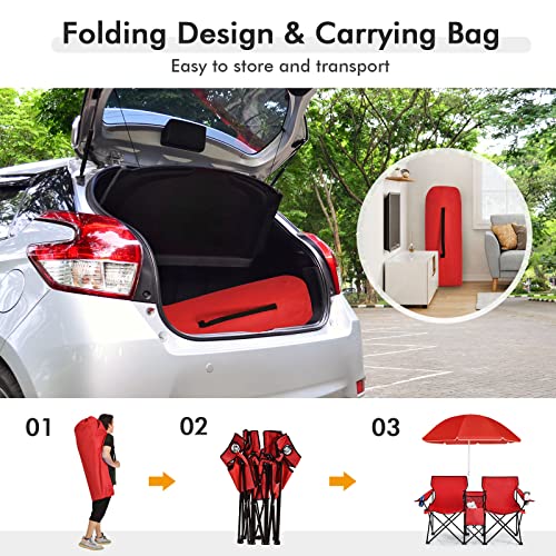 LDAILY LUARANE Folding Double Camping Chair, Outdoor Picnic Chairs w/Removable Umbrella, Mini Table, Cup Holder & Carrying Bag, Portable Camping Loveseat for Patio, Pool, Lawn, Beach, Park (Red) - color: Red