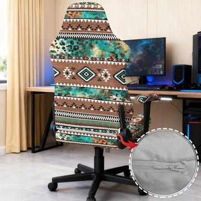 Aztec Leopard Print Computer & Gaming Chair Slipcover Breathable Stretchable Game Chair Cover with Armrest Covers Easy to Install - color: Brown and Green - Aztec Leopard