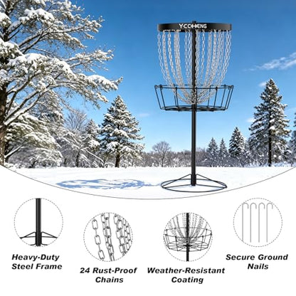 YC Disc Golf Basket Pro with 5 Discs, 24-Chain Portable Disc Golf Target Practice Basket, Heavy Duty Metal Frisbee Golf Basket for Backyard, Park, Camping, Beginners and Family Fun