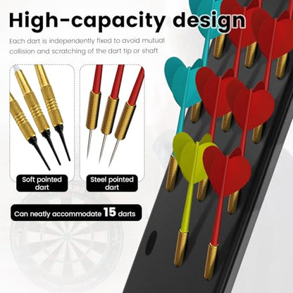Wall Mounted Dart Holder with Storage Bag, 15 Hole Wooden Dart Storage with Metal Hook and Rear Stand, Dart Accessory for Game Room and Bar