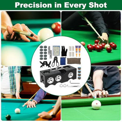 Pool Cue Tip Replacement Kit, 11-in-1 Pool Cue Tip Repair and Shaping Kit, Pool Cue Tip Repair Tool Include 10 Cue Tips, 4 Ferrules, 4 Chalks, Portable Pool Stick Tip Repair Kit