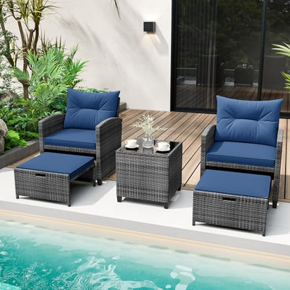 Tangkula 5 Pieces Patio Conversation Set, PE Wicker Rattan Outdoor Furniture Set with 2 Chairs, 2 Ottomans & Tempered Glass Coffee Table, Ideal for Poolside, Backyard, Lawn, Deck, Mix Grey & Navy - color: Mix Grey & Navy