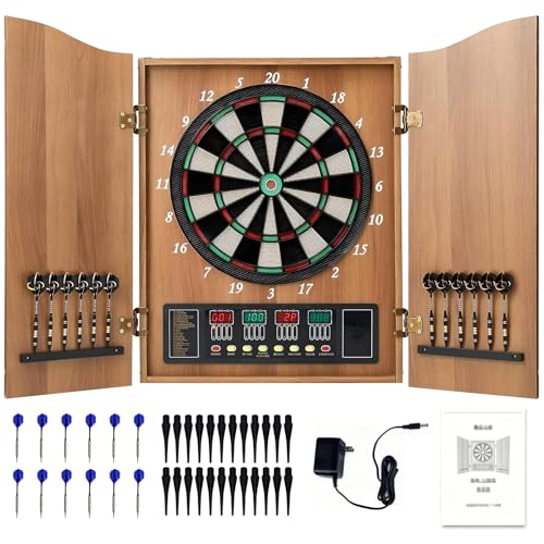 Wall-Mounted Electronic Dart Board Cabinet Set, Double Wood Door Panel Electric Darts Machine with Digital Scoreboard and LCD Display, 12 Soft Tip Darts and 88 Dart Head - color: Brown