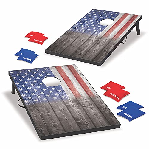Wild Sports 2’x3’ or 2’x4’ Cornhole Outdoor Game Set, USA Flag or Natural Wood Options with Carry Bag Included – Perfect for Backyard, Beach, and Tailgates, Add On Extra Bags