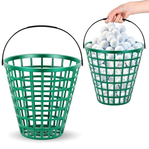 Halloscume 2 Pcs Golf Ball Basket, Small/Large Can Hold 50/75/100 Balls Golf Container with Handle Holder Contain Stadium Accessories Storage Bucket for Sport Practice (8.7 x 8.7 Inch,Green) - size: 8.7 x 8.7 Inch