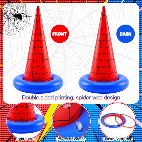 Thenshop 16 Pcs Spider Theme Inflatable Ring Toss Game Set Includes 5 Inflatable Cones 10 Plastic Rings and 1 Pump Spider Birthday Party Toss Game for Indoor Outdoor Lawn Yard Garden Party Supplies