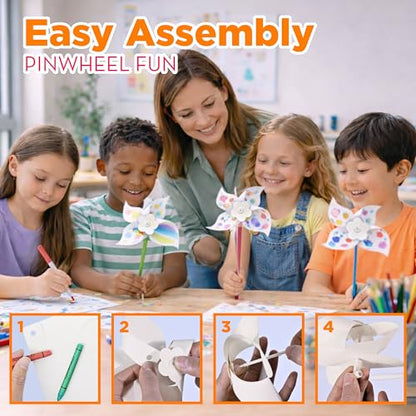 4E's Novelty 24 Pack DIY Pinwheels Craft for Kids, Bulk Summer Pinwheel Craft Kit, Color Your Own Paper Windmill Patriotic Pinwheels for Kids Bulk 4th ofJuly Craft for Kids Art Games