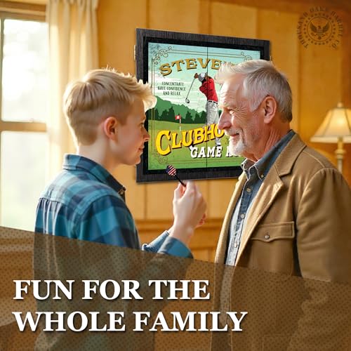 Personalized Dart Board Cabinet Set with 6 Steel Tip Darts, Paper Dartboard, Chalk & Eraser (21.5 x 21.5 x 2.75) - Man Cave Dart Boards for Adults - style: Golf Clubhouse