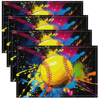 Baseball Games Tie Dye Table Placemats Set of 4,Softball Game Tie Dye Place Mats 12x18 Inch for Kitchen Table,Ball Games Sports Washable Mats Suitable for Restaurant - color: Blue Yellow