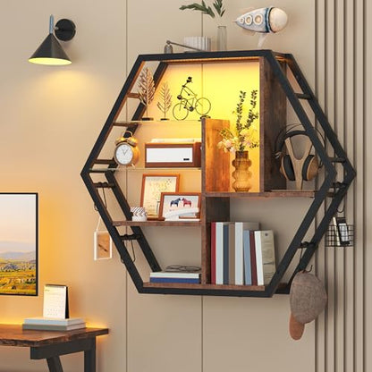 kepptory 39 inch Large Gaming Floating Shelves with LED Lights, 5 Tier Wall Mounted Shelves with 2 Removable Glass Shelf, Pipe Shelves Hanging Display Rack with 8 Hooks, Easy Assembly (Retro Brown) - color: Brown, size: 7.9"D x 39.4"W x 34.3"H