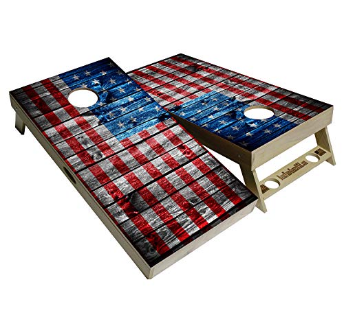American Flag Series - Premium Cornhole Boards w Cupholders and a Handle - Includes 2 Regulation 4' x 2' Cornhole Boards w Premium Birch Plywood and 8 Cornhole Bags - color: Sideways Wooden Pannel Flag