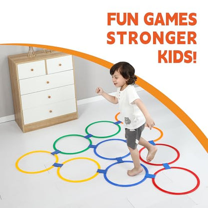Hopscotch Rings – Hoop + Square, 2-Set – (10 Round + 10 Square, 15-inch) + 30 Connectors, Agility Rings for Kids, Gross Motor Skills, Preschool & Kindergarten PE, Playground Obstacle Course - style: 15" Square + Hoop – 2 Set