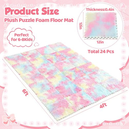 16 Pcs Pastel Faux Fur Floor Tiles, 11.8 x 11.8 in Puzzle Girls Play Soft Tiles, 1.5 Inch Shaggy Square, EVA Foam Floor Mat for Nursery, Playroom, Bedroom, Toddler Room, Daycare - color: Pastel