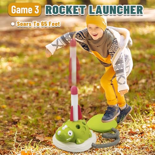 3-in-1 Dinosaur Rocket Launcher, Ring Toss & Musical Jumping Toy for Kids Aged 3-8 , Remote Control Outdoor & Indoor Toys for Boys and Girls , Birthday Gift for Boys & Girls Ages 4-8