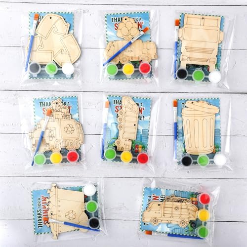 Saypacck 24 Pcs Garbage Truck Party Favors Wooden Painting Craft Kits Birthday Party Supplies with Organza Bag for Goodie Bags Fillers Adult Thank You Gifts - style: Garbage Truck