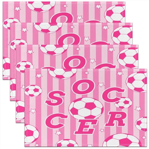 Castle Fairy Soccer Kids Placemats Set of 4,Cartoon Star Geometric Stripe Table Place Mats,Football Sport Kitchen Decor,White and Pink Placemat Kitchen Table Decoration 12"x18" - color: White and Pink
