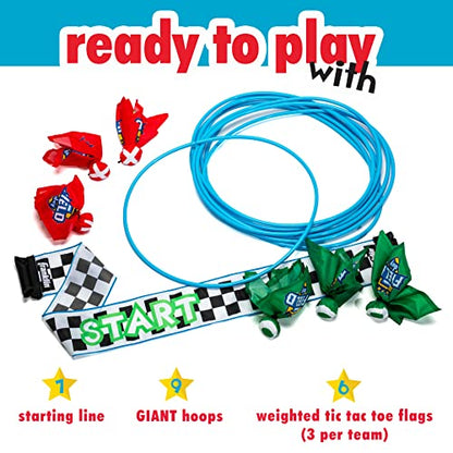 Franklin Field Day Deluxe Tic Tac Toe Racing for Kids and Adults - Perfect for Backyard Play - Includes 9 Play Space Hoops, 6 Tic Tac Toe Weighted Flags and 1 Starting Line