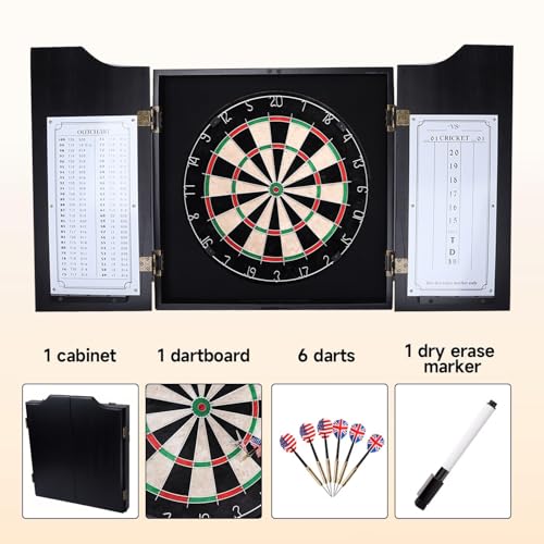 GSE Games & Sports Expert Professional Solid Wood Classic Dartboard Cabinet with Sisal/Bristle Dartboard, Scoreboard, and 6 Steel Tip Darts, Easy Assembly Complete with All Accessories (Black)