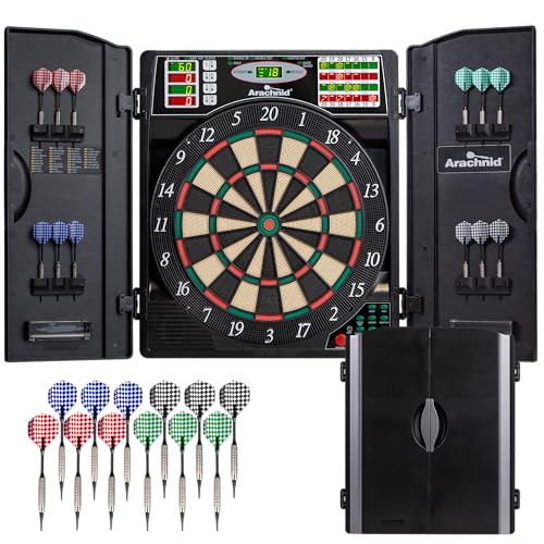 Arachnid Titanium 5400: 13.5” Target with Integrated Cabinet. Offers 38 Games, 316 Variations, Color LED Scoring, and Solo Play. Includes Double in/Out Modes for Competitive Game Room Fun.