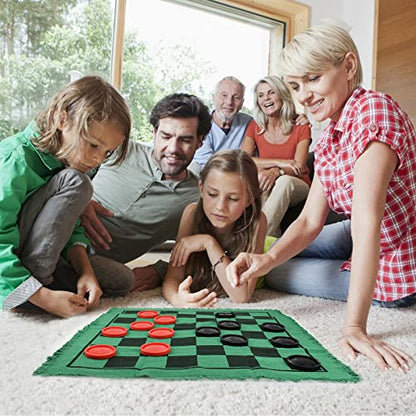 Giant Checkers 3 in 1 Tic Tac Toe Game Board for Adults and Kids with 24 Checker Pieces Reversible Rug, Indoor & Outdoor Games for Family, Party, School, Office,Travel