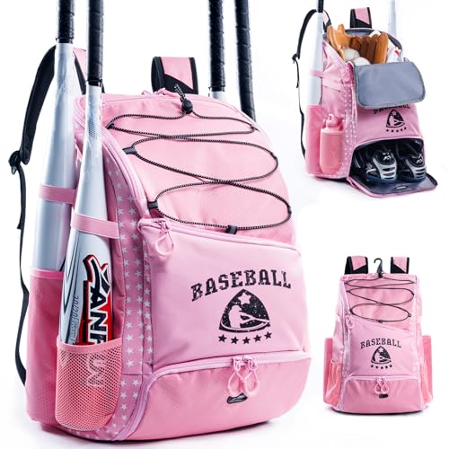 Baseball Bag for Youth & Adult with 4 Bat Sleeves - Softball Bat Bag with Shoe Compartment - Baseball Backpack for T-Ball, Softball Equipment, Baseball Gear, Baseball Bags for Boys 8-12 - color: Pink, size: Large