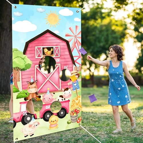 Farm Animal Bean Bag Toss Game, Bean Bag Toss Game, Pink Animal Print Banner with 3 Bean Bags for Outdoor Indoor Games Family Activity Birthday Party Decorations Supplies