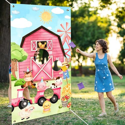 Farm Animal Bean Bag Toss Game, Bean Bag Toss Game, Pink Animal Print Banner with 3 Bean Bags for Outdoor Indoor Games Family Activity Birthday Party Decorations Supplies