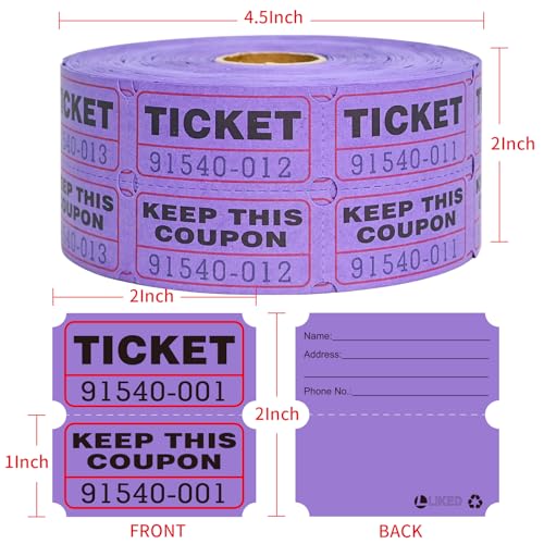 L LIKED Raffle Tickets Double Rolls 1000 Per Roll 50/50 Raffle Tickets for Events,Carnivals, Entry, Class Reward, Prizes(Purple) - color: 1000 Purple