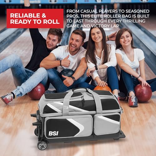 BSI Dash Roller Bowling Bag with Smooth Rolling Wheels, Padded Ball Compartment, Retractable Locking Handle, & Shoe Pocket - color: Black/Gray/White, style: Triple