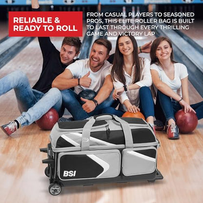 BSI Dash Roller Bowling Bag with Smooth Rolling Wheels, Padded Ball Compartment, Retractable Locking Handle, & Shoe Pocket - color: Black/Gray/White, style: Triple