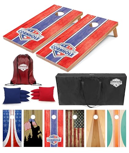 World Series of Cornhole Regulation Size Cornhole Boards - Lightweight & Durable All-Wood Construction | Backyard Bean Bag Toss Set | Outdoor Game for Tailgates & BBQs - color: Patriotic with Red and Blue Stripes