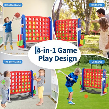 TrailBlaze Giant 4-in-1 Floor Board Game Set – Four-in-a-Row, Basketball, Golf & Ring Toss – Adjustable Height – Mesh Board & Carry Bag – Outdoor & Indoor Family Game for Kids & Adults, Parties – USA