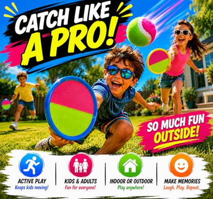 Liberty Imports Toss and Catch Game Set for Kids, 2 Self Stick Paddles, 2 Catch Balls & Bonus Soft Bean Bag Ball, Outdoor Beach Toys, Backyard Games, Family Lawn Game for Boys and Girls