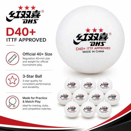 DHS D40+ 3-Star Ping Pong Balls, ITTF Approved, Official Size 40+mm, Consistent Bounce for Training and Competition, White, 10 Count