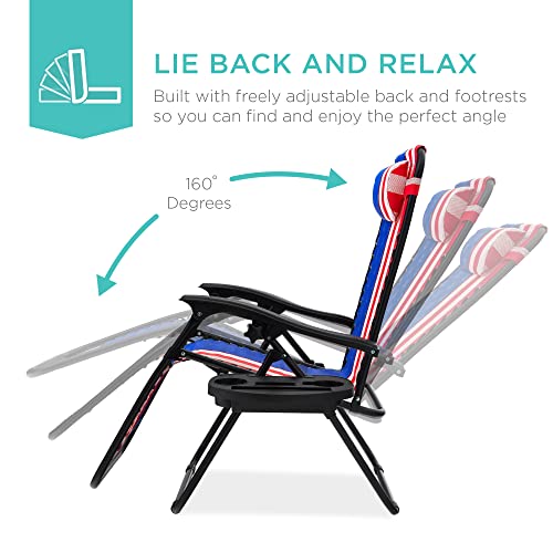 Best Choice Products Set of 2 Adjustable Steel Mesh Zero Gravity Lounge Chair Recliners w/Pillows and Cup Holder Trays - American Flag - color: American Flag, size: Standard