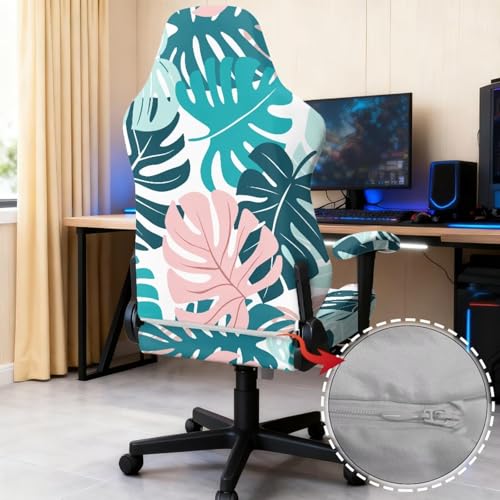 Monstera Print Gaming Chair Covers Slipcovers Skin Friendly Breathable Elastic Computer Desk Chair Cover with Armrest Covers for Ergonomic Game Rotating Office Chairs - color: Green and Pink - Monstera