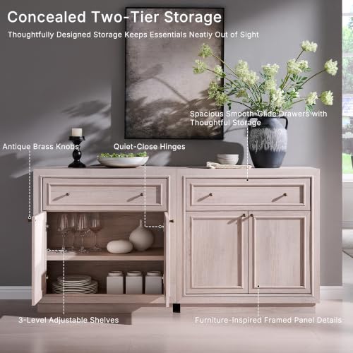 ACCOHOHO Modern Farmhouse Buffet Cabinet, 126" Sideboard Credenza, Modular Storage Cabinet with Framed Panel Fronts, Adjustable Shelves & Dual Base Design, White Alder - color: White Alder, size: 4 Piece