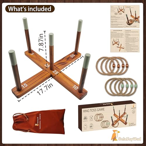 Ring Toss Game for Kids – Backyard Games Set with Wooden Poles, Rope Rings & Portable Carrying Case – Indoor & Outdoor Lawn Games for Family, Beach, Camping, Party Activities