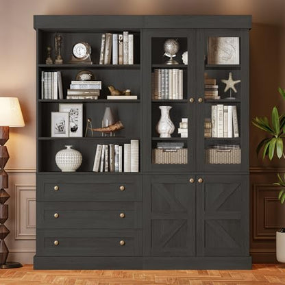Vyre 71" Tall Farmhouse Bookshelves with Glass Doors and Drawers, Set of 2 – Large Modular Bookcase with Adjustable Shelves, Storage Cabinet for Living Room, Kitchen, Black - color: Black