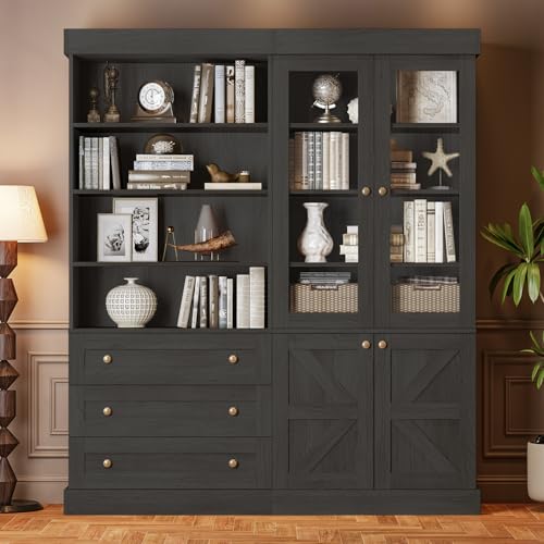 Vyre 71" Tall Farmhouse Bookshelves with Glass Doors and Drawers, Set of 2 – Large Modular Bookcase with Adjustable Shelves, Storage Cabinet for Living Room, Kitchen, Black - color: Black