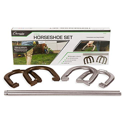 Champion Sports Horseshoe Set: Traditional Outdoor Lawn Game includes Four Professional Solid Steel Horseshoes with Solid Steel Stakes & Carrying Storage Case - style: Classic Set