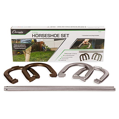 Champion Sports Horseshoe Set: Traditional Outdoor Lawn Game includes Four Professional Solid Steel Horseshoes with Solid Steel Stakes & Carrying Storage Case - style: Classic Set