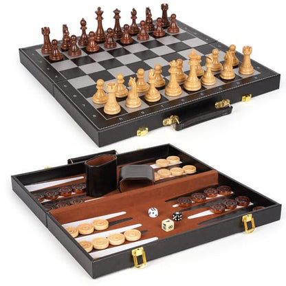 3 in 1 Magnetic Chess Set & Checkers Backgammon Board Game Set, 15" Wooden Folding Chess Board, Tournament Portable Travel Chess Set, Beginner Chess Board Game for Adults & Kids