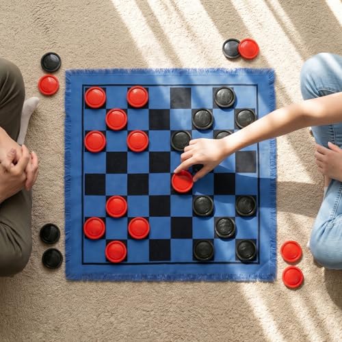 Yarlung Giant Checkers Set Tic Tac Toe Game, 3 in 1 Jumbo Checkers Game Board for Family Camping, Yard, Lawn Games, 2 Players, Blue Reversible Rug