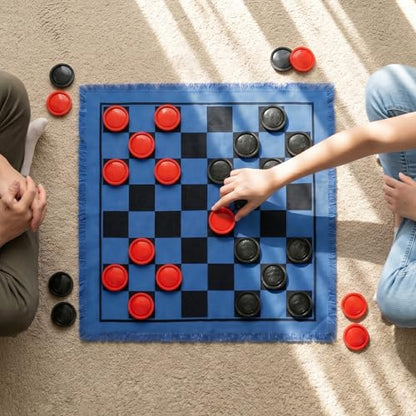Yarlung Giant Checkers Set Tic Tac Toe Game, 3 in 1 Jumbo Checkers Game Board for Family Camping, Yard, Lawn Games, 2 Players, Blue Reversible Rug